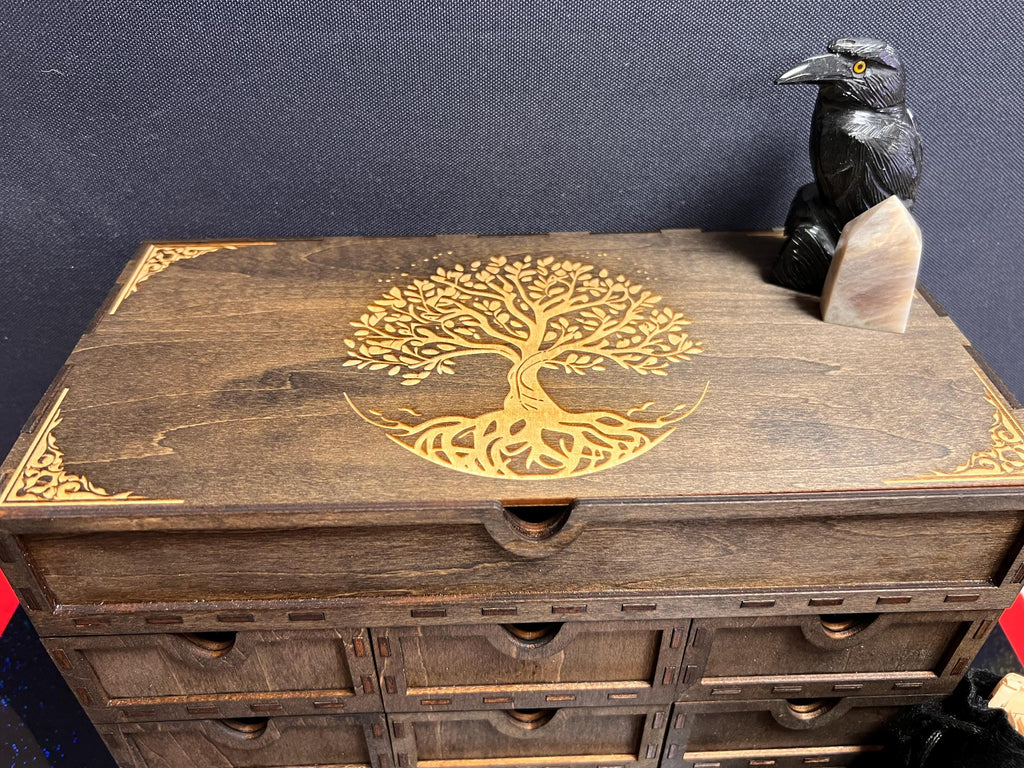 Large Wooden Tarot Card Deck Holder: 13-Drawer Altar Box