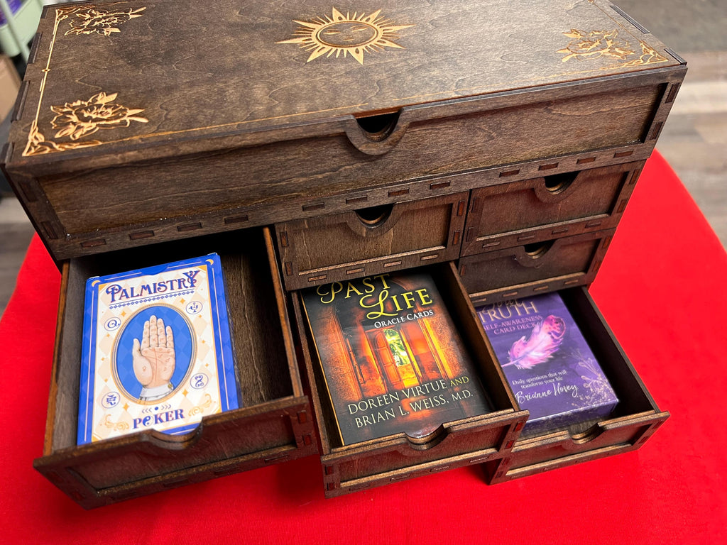 Large Wooden Tarot Card Deck Holder: 13-Drawer Altar Box