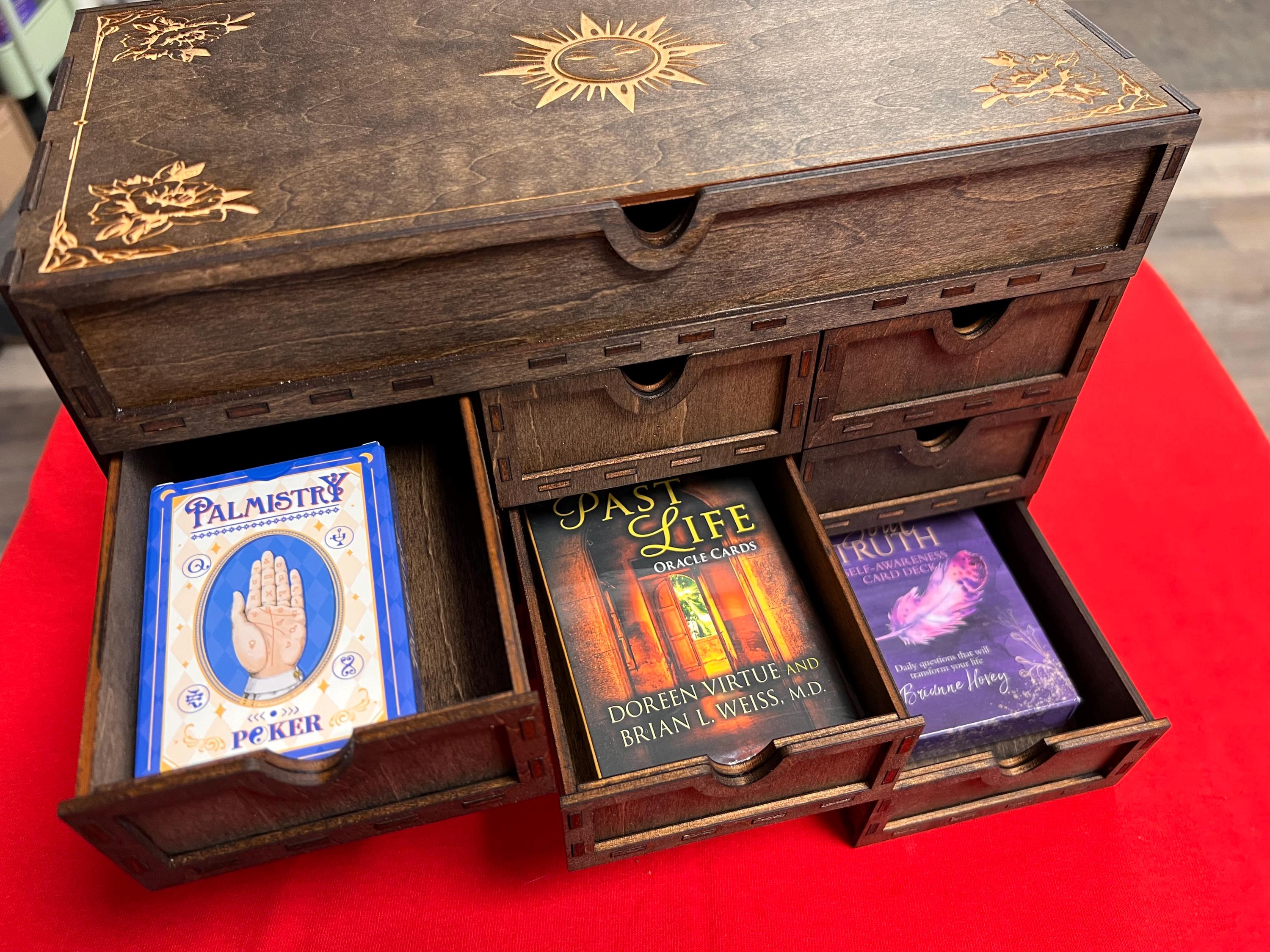 Large Wooden Tarot Card Deck Holder: 13-Drawer Altar Box